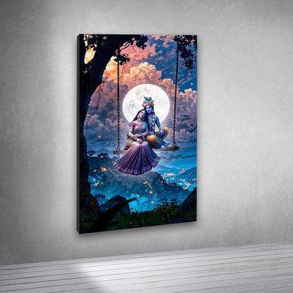 Radha Krishna Moonlight Swing Canvas Painting Frame Wall Art Decor | Divine Radha Krishna Night Sky Canvas Painting Frame for Living Room