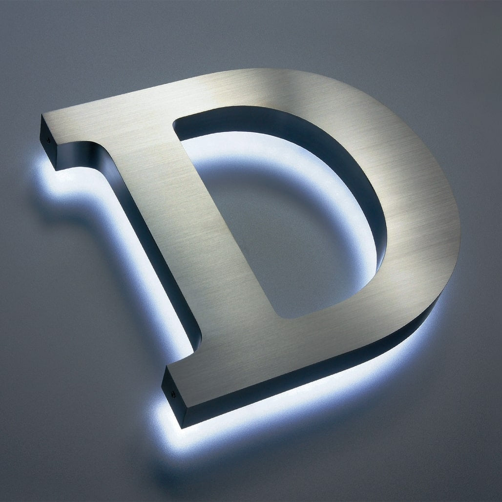 LED Halo Lit Gold Stainless Steel Logo Sign 3D Backlit Letter Signage for Luxury Exterior Branding and Facade Display