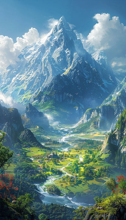 3D Mountain Valley Sky Ceiling Design with Snow Peaks for Luxury Homes & Offices