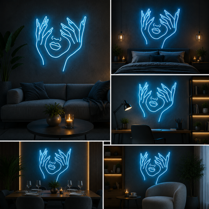 Abstract Face Hands Neon Sign Board | Custom Neon Light | LED Neon Light Name Plate for Wall Decor