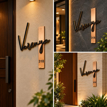 Custom 3D Metal House Name Plate with Black Script and Copper Number Bar Sign
