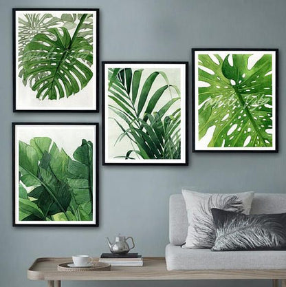 Green botanical canvas wall décor set with tropical foliage for living room, bedroom, and office