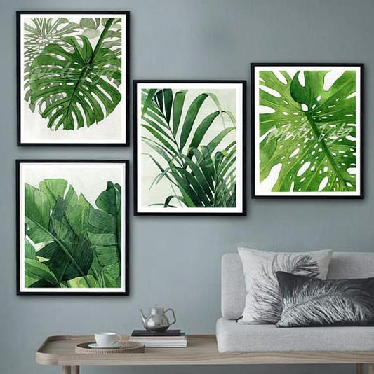 Green botanical canvas wall décor set with tropical foliage for living room, bedroom, and office