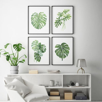 Premium green botanical canvas wall art set with monstera leaves for living room and office décor