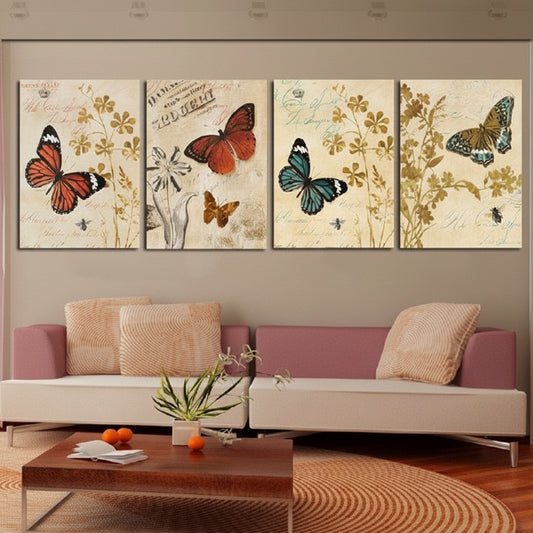 Botanical butterfly canvas painting set featuring antique nature prints for living room walls