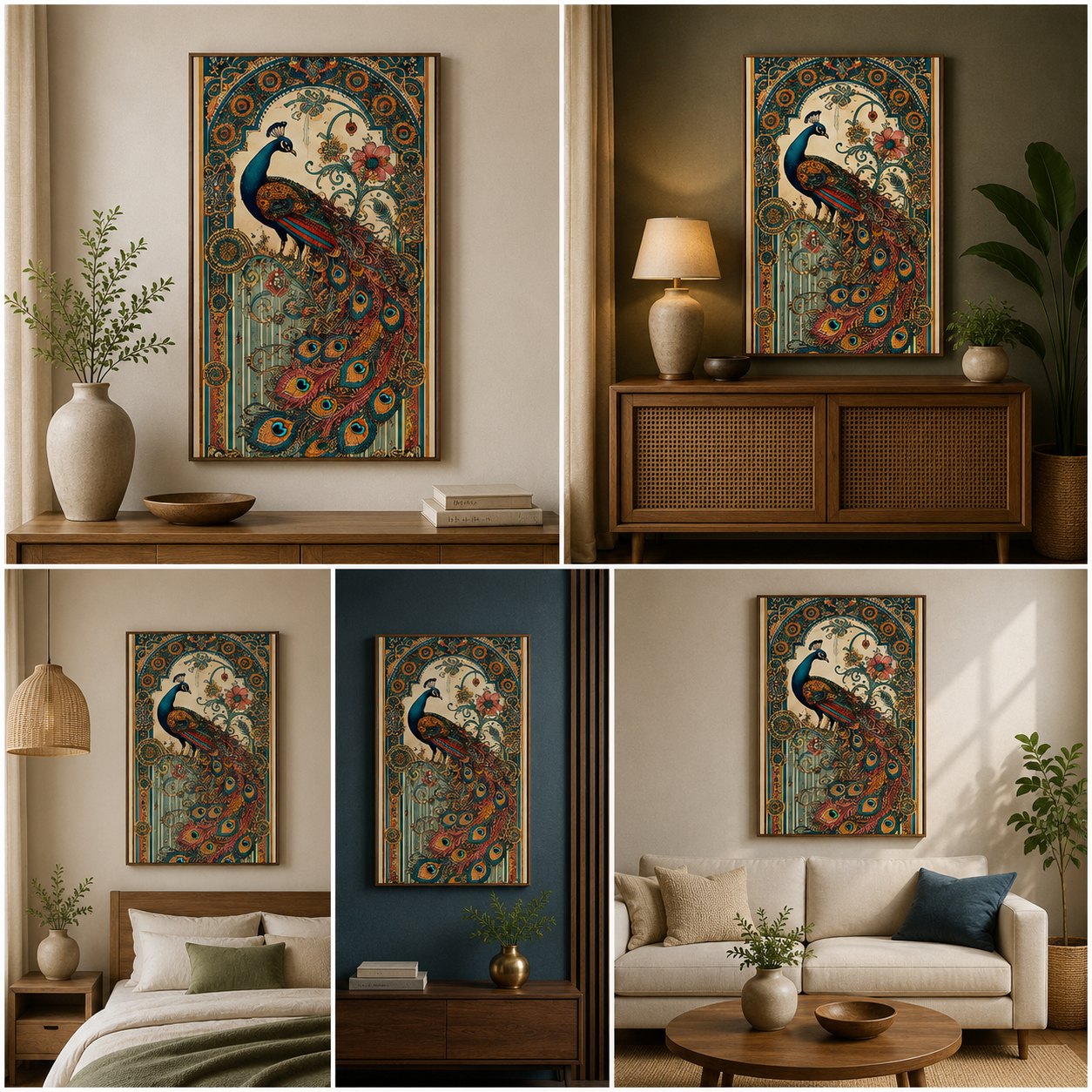 Elegant Peacock Art Canvas Painting – Vintage Ornamental Bird Wall Art Canvas Painting Frame for Living Room