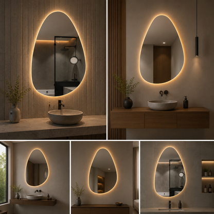 Modern LED Backlit Bathroom Mirror | Irregular Wall Vanity Mirror with Ambient Lighting | Designer Wash Basin Mirror for Home & Hotel