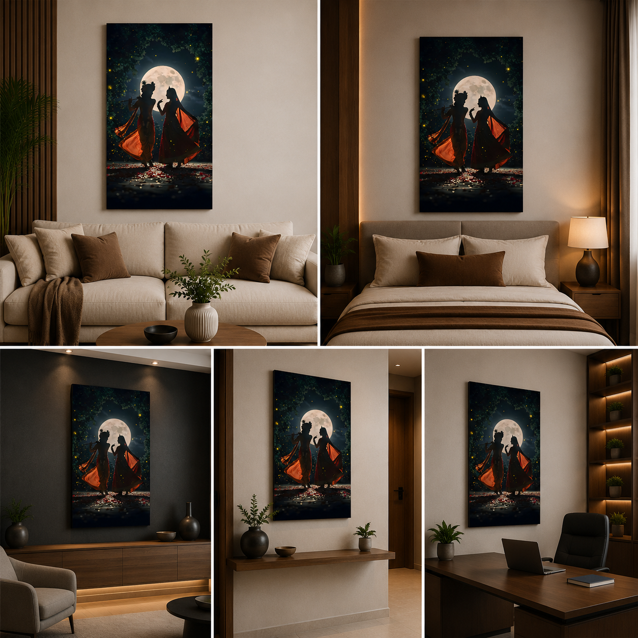 Radha Krishna Canvas Wall Painting Frame | Romantic Moonlight Couple Canvas Wall Art for Living Room | Large Size Spiritual Love Painting for Home Decor & Gifting