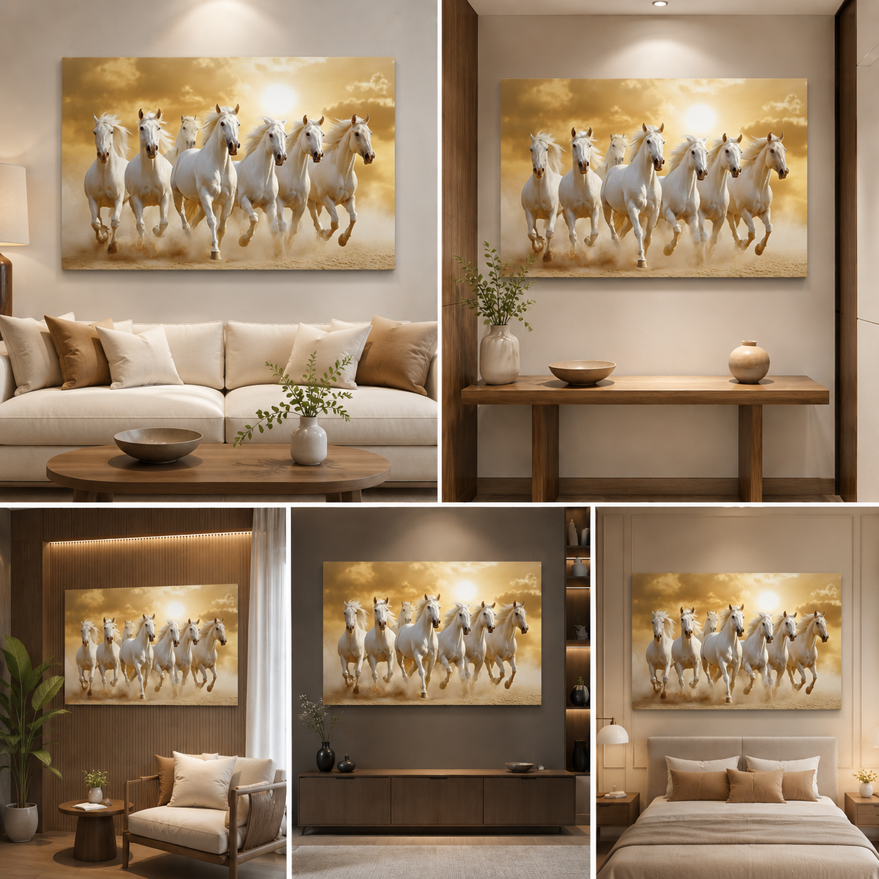 White Seven Running Horses Painting | Vastu Canvas Painting