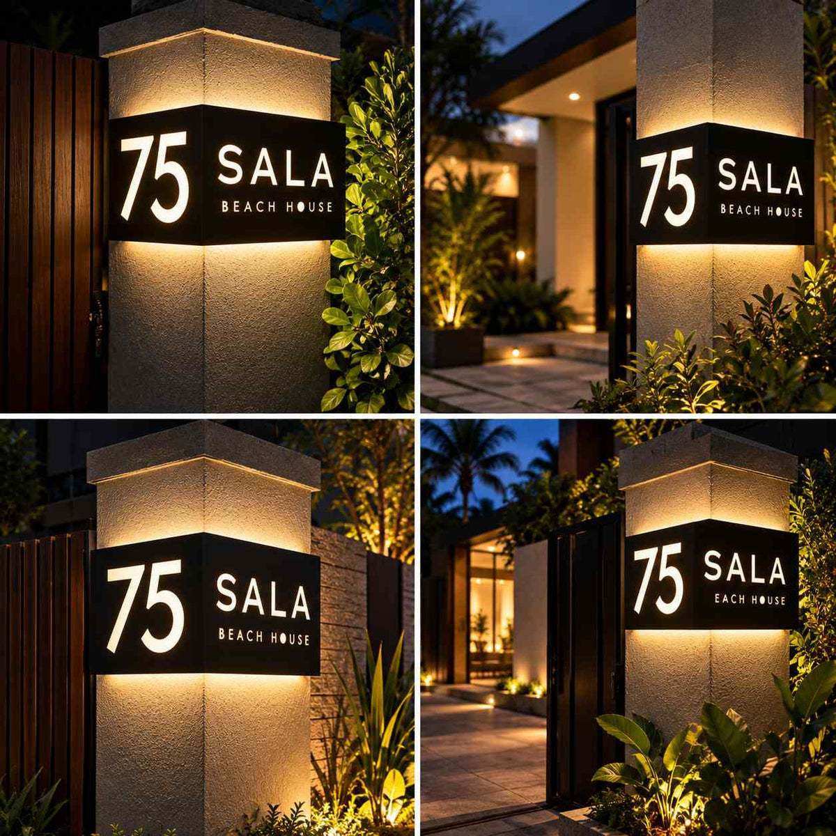Custom LED House Number Sign with Illuminated Beach House Name and Modern 3D Design