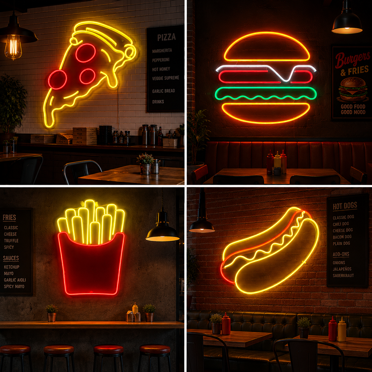 Fast Food Neon Sign Board Combo – Pizza Burger Fries Hotdog Custom Neon Light Set (30 By 30 Inches)