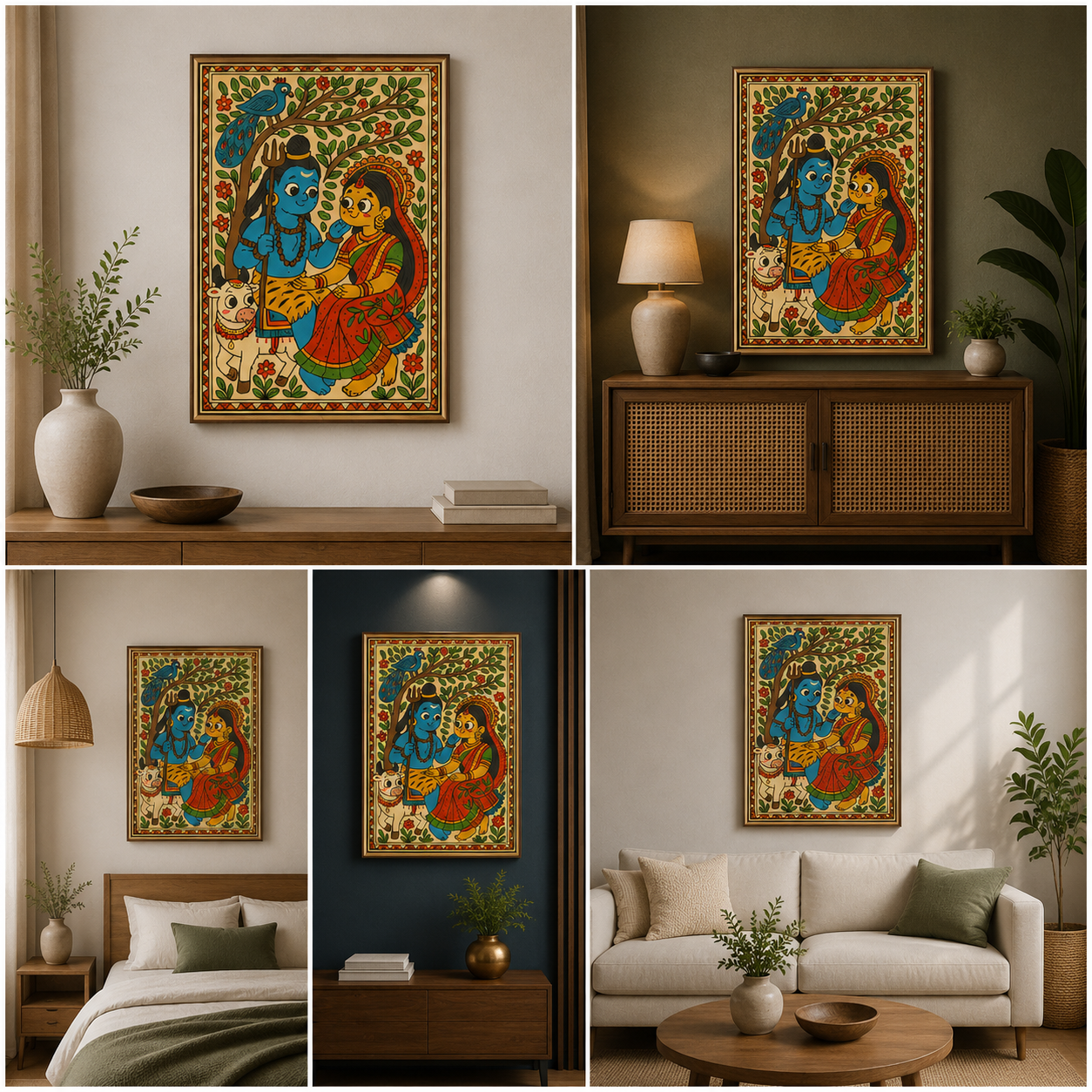 Shiv Parvati Folk Art Canvas Wall Painting | Traditional Hindu God Wall Art for Home & Temple Decor