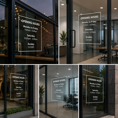 Opening Hours Vinyl Glass Sticker for Shop Window & Office Door Business Timing Signage