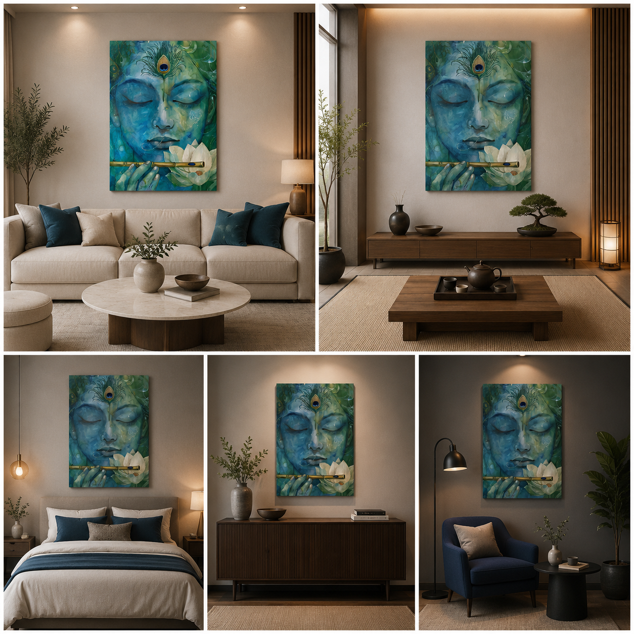 Lord Krishna Face Canvas Painting Frame Blue Artistic Wall Decor for Living Room Spiritual Modern Artwork