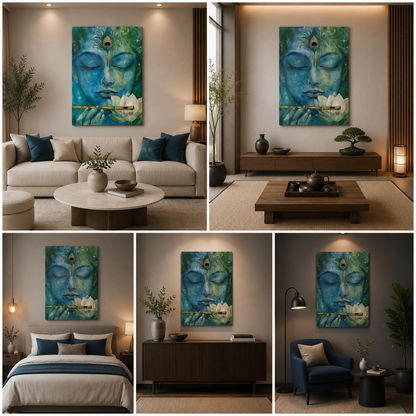Lord Krishna Face Canvas Painting Frame Blue Artistic Wall Decor for Living Room Spiritual Modern Artwork