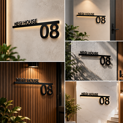 Matte Black Acrylic House Name Plate with Horizontal Bar & Bold Number Design for Modern Home Entrance