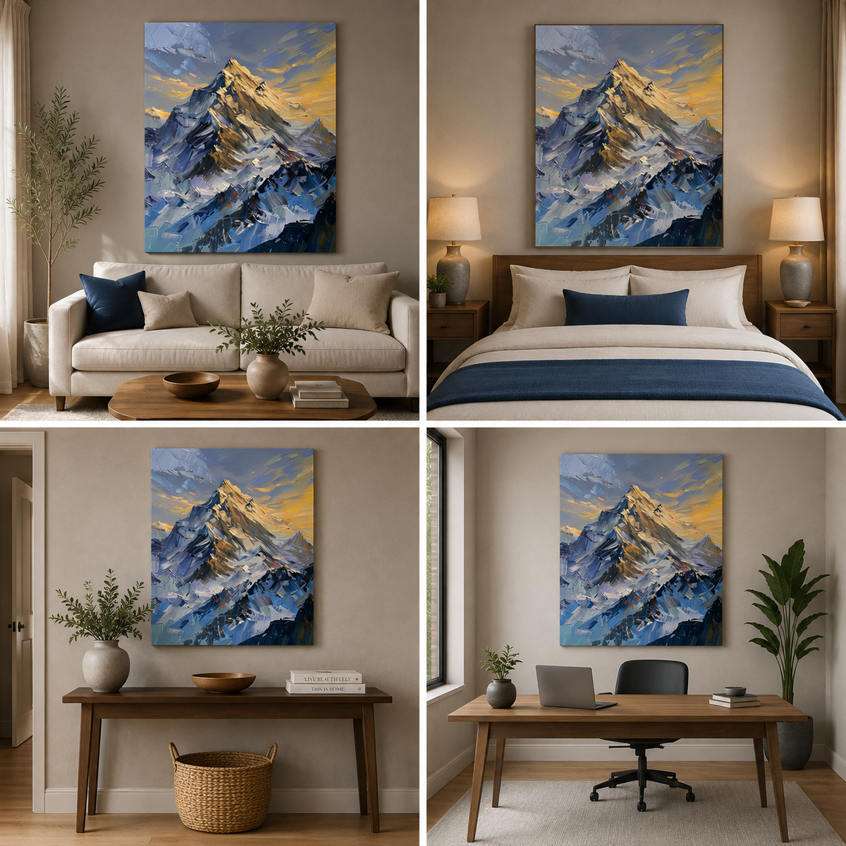 Snow mountain canvas wall art shown above a sofa, bed, console table and desk in interior mockups