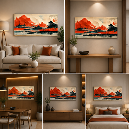 Japanese Landscape Wall Art Canvas | Red Mountain Asian Nature Painting for Living Room