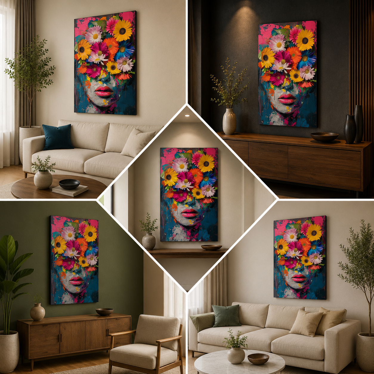 Abstract Floral Woman Face Wall Painting | Modern Artistic Canvas Art for Home Decor