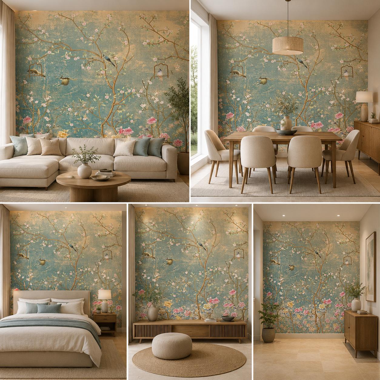 Floral Birds Wallpaper Mural | Luxury Vintage Botanical Wall Decor for Living Room