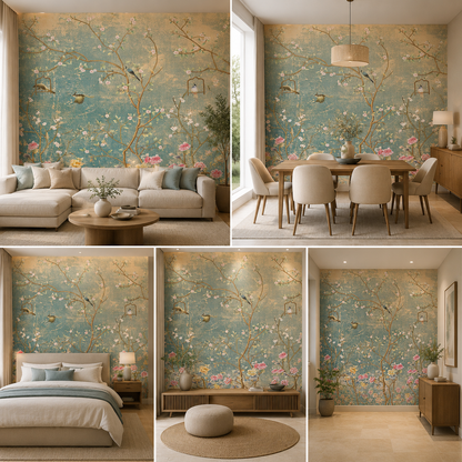 Floral Birds Wallpaper Mural | Luxury Vintage Botanical Wall Decor for Living Room