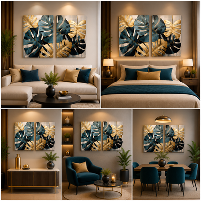 Monstera Leaf Canvas Wall Art 2 Panel Botanical Painting Decor (18 x 24 Inches Each Part)
