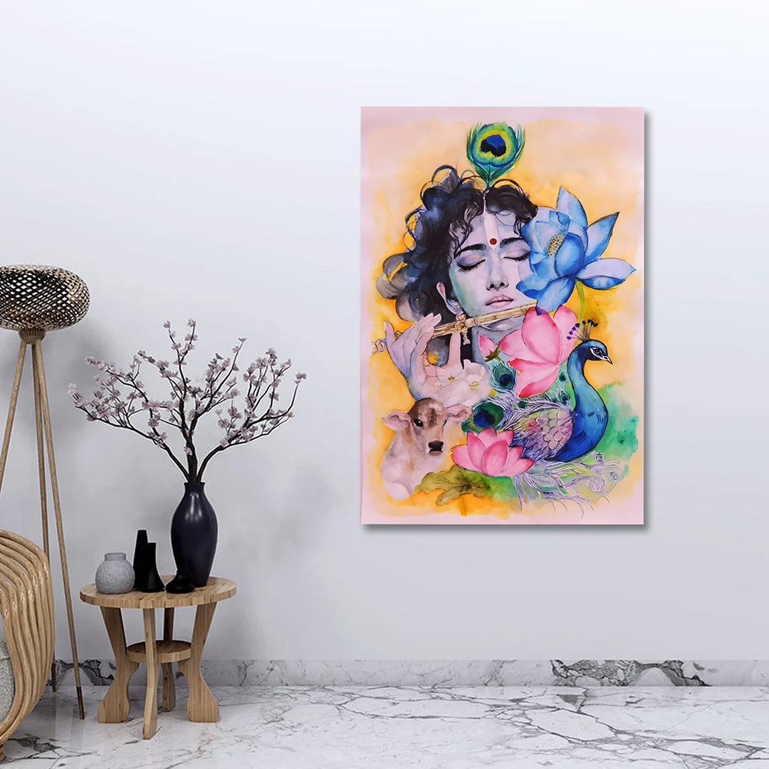 Watercolor Lord Krishna Canvas Painting Frame | Peacock Lotus Cow Krishna Wall Art | Soft Spiritual Canvas Wall Decor for Living Room