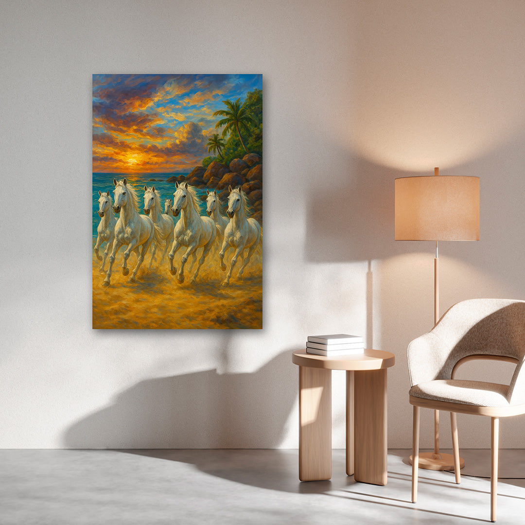Running White Horses Wall Painting | Sunset Beach Landscape Canvas Art for Home Decor