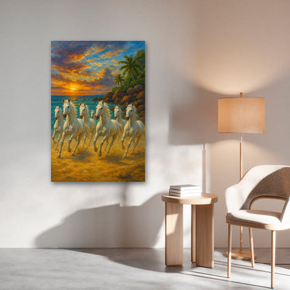 Running White Horses Wall Painting | Sunset Beach Landscape Canvas Art for Home Decor