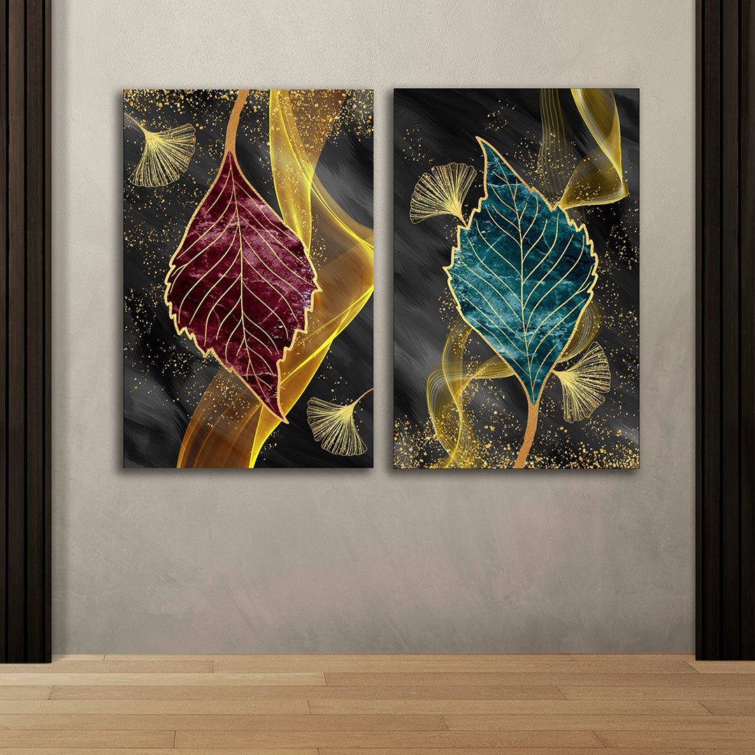 Abstract Gold Leaf Canvas Painting Wall Art Set – Large Size Frame (18 x 24 Inches Each Part)