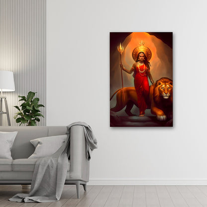 Maa Durga with Lion Divine Wall Painting | Spiritual Canvas Art for Home & Temple