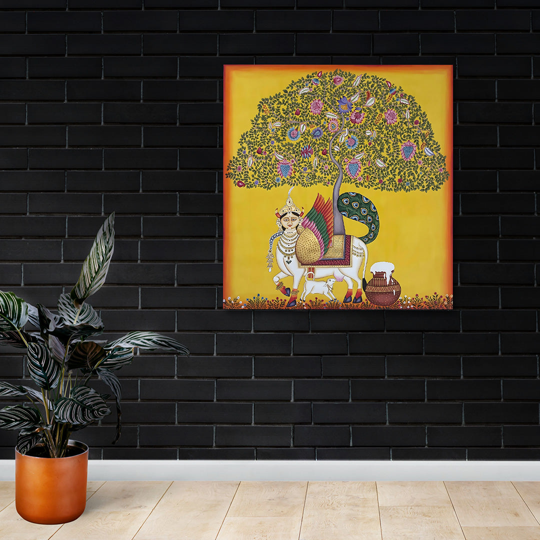 Pichwai Tree of Life Canvas Painting Frame | Sacred Cow Krishna Wall Art | Traditional Nathdwara Canvas Wall Decor for Living Room