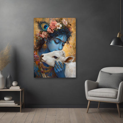 Krishna with Cow Wall Painting | Divine Spiritual Canvas Art for Peaceful Home Decor