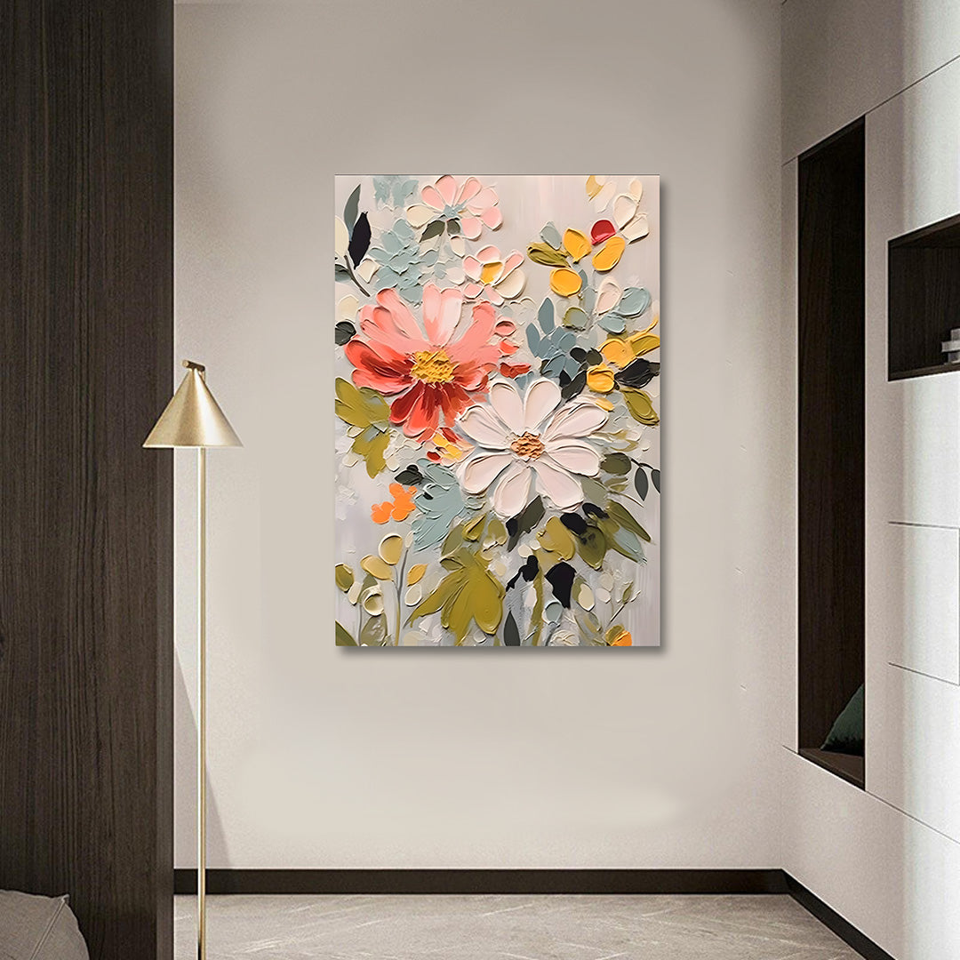 3D Abstract Floral Wall Painting | Pastel Flower Canvas Art | Modern Vertical Acrylic UV Printed Wall Decor for Living Room Bedroom