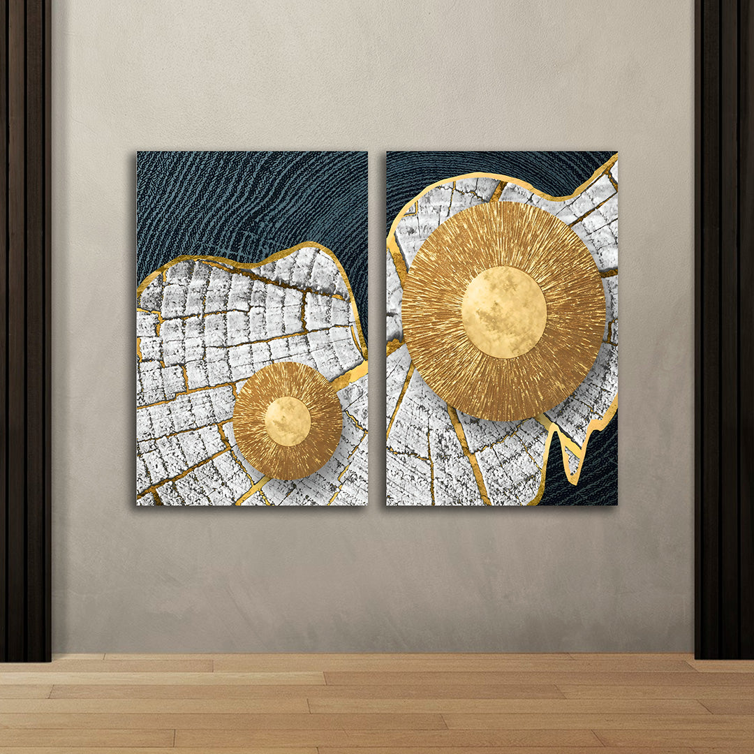 Gold Sunburst Abstract Canvas Painting Set of 2 Modern Wall Art (18 x 24 Inches Each Part)