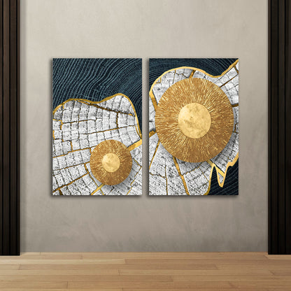 Gold Sunburst Abstract Canvas Painting Set of 2 Modern Wall Art (18 x 24 Inches Each Part)
