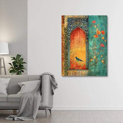 Vintage Mughal Arch Bird Canvas Wall Painting | Floral Heritage Artwork | Premium Ethnic Wall Decor