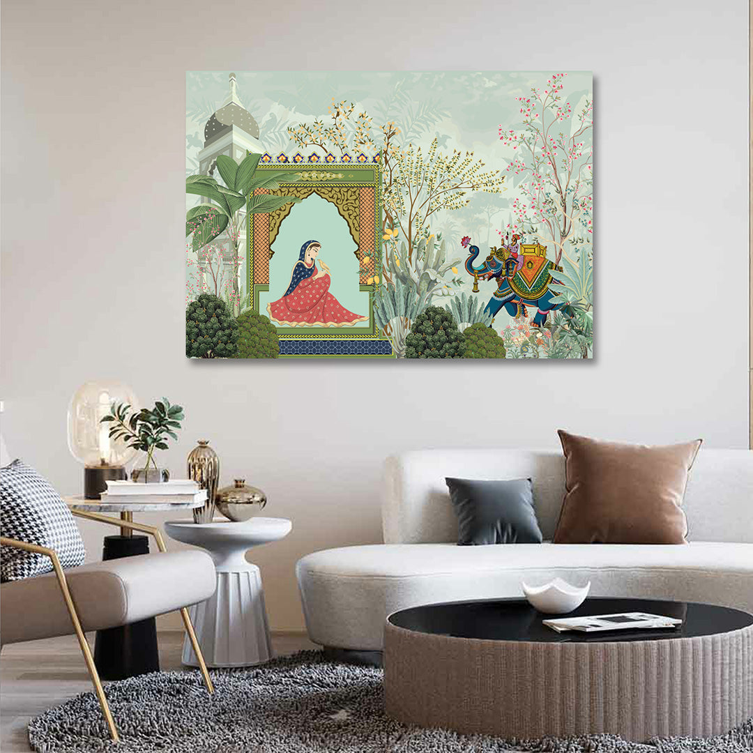 Rajasthani Palace Lady Elephant Canvas Painting Frame Wall Decor for Living Room Ethnic Artwork