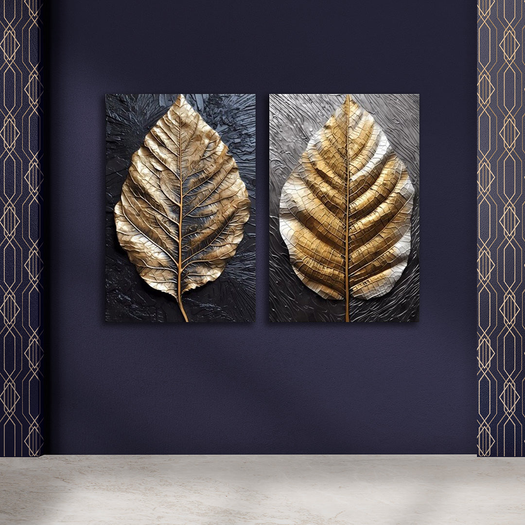 Abstract Gold Leaf Canvas Painting Wall Art – Large Size Frame for Living Room (18 x 24 Inches Each Part)