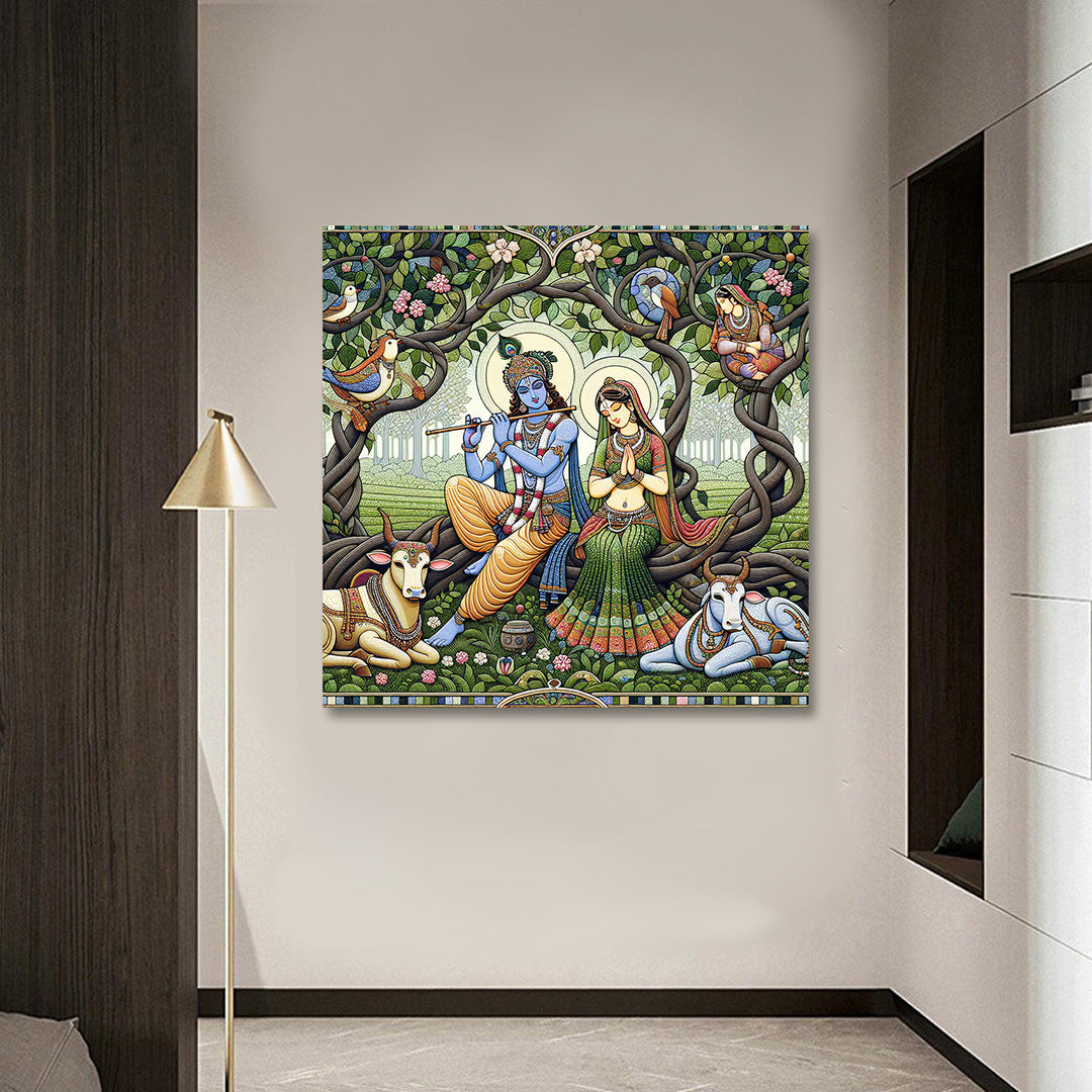 Radha Krishna Tree Canvas Painting Frame Wall Decor for Living Room Spiritual Artwork