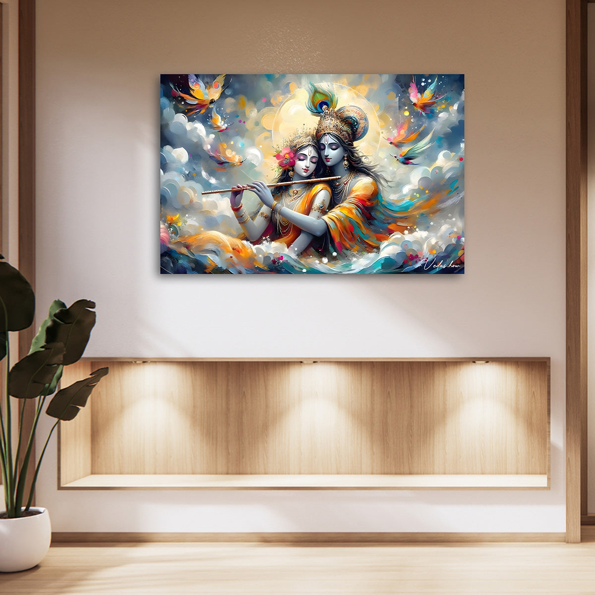Radha Krishna Flute Wall Painting | Romantic Spiritual Canvas Art for Home Decor