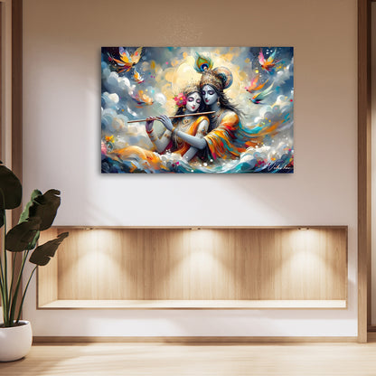 Radha Krishna Flute Wall Painting | Romantic Spiritual Canvas Art for Home Decor