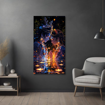 Radha Krishna Night Canvas Painting Frame | Romantic Reflection Wall Art with Diya Lights | Premium Spiritual Canvas Wall Decor for Living Room