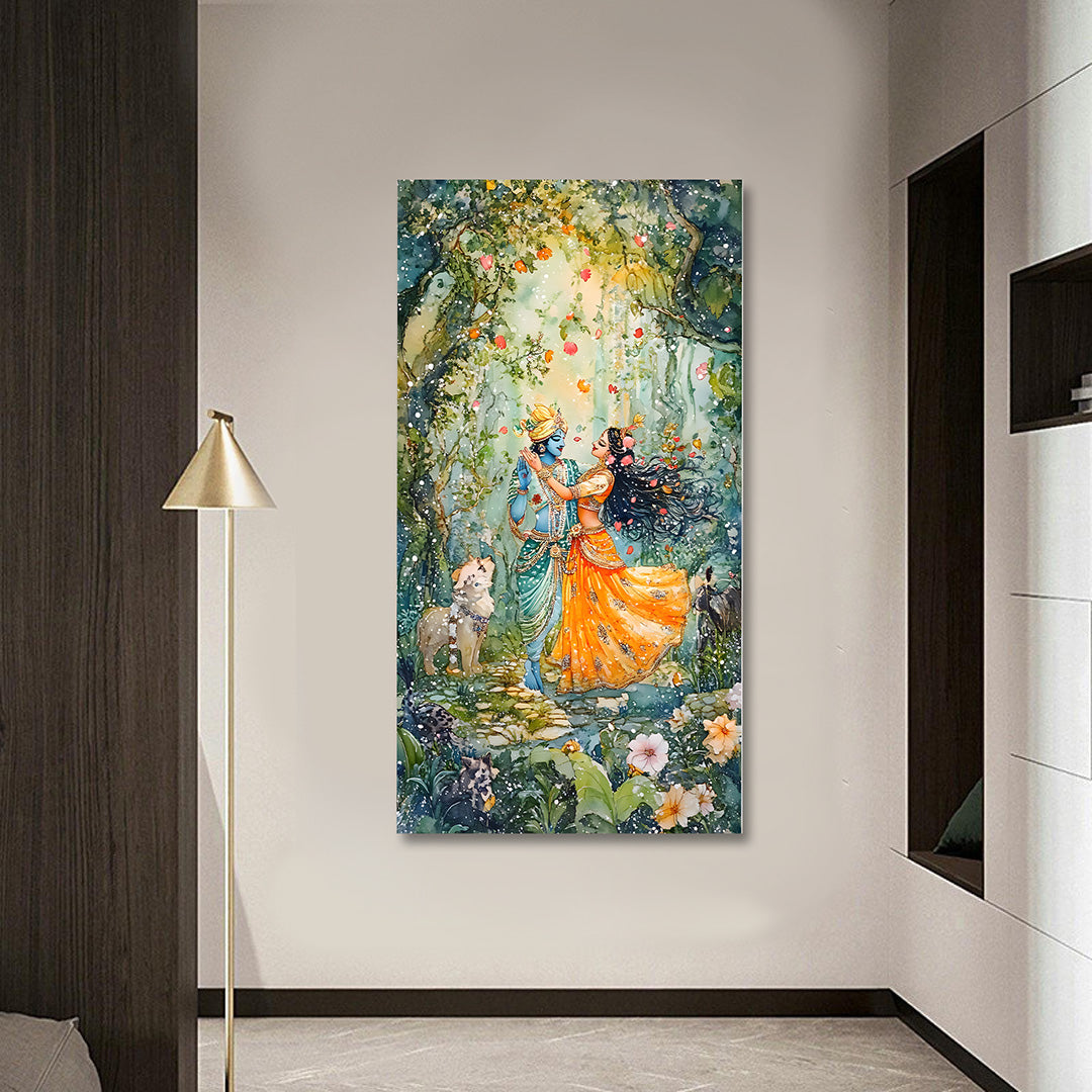 Radha Krishna Forest Dance Canvas Painting Frame Romantic Spiritual Wall Decor for Living Room