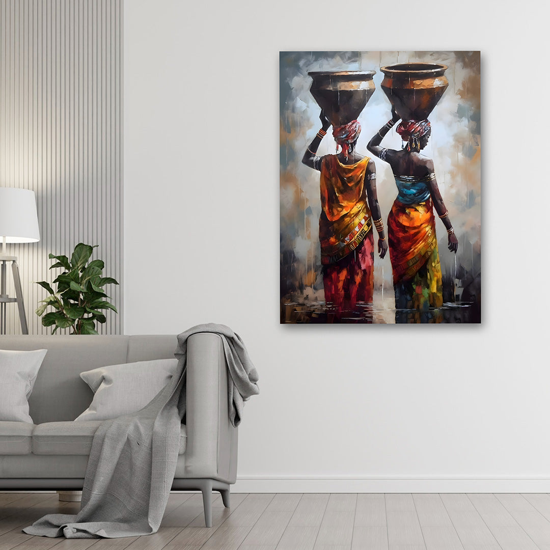 Tribal Women Carrying Pots Wall Painting | Ethnic Cultural Canvas Art for Home Decor