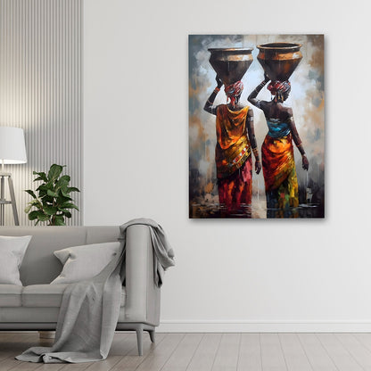 Tribal Women Carrying Pots Wall Painting | Ethnic Cultural Canvas Art for Home Decor