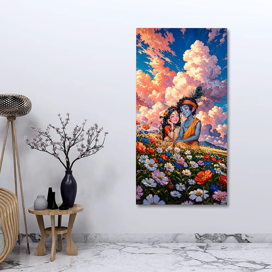 Radha Krishna Landscape Canvas Painting Frame | Flower Field Romantic Wall Art | Large Spiritual Canvas Wall Decor for Living Room