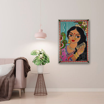 Indian Folk Art Woman Canvas Painting with Parrot – Traditional Ethnic Wall Art Canvas Painting Frame for Living Room