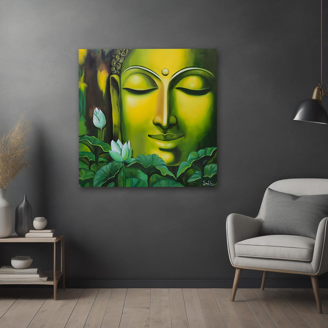 Green Buddha Face Wall Painting | Modern Spiritual Canvas Art for Living Room & Home Decor