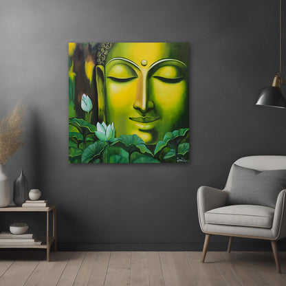 Green Buddha Face Wall Painting | Modern Spiritual Canvas Art for Living Room & Home Decor